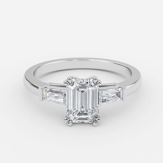 emerald cut three stone diamond engagement ring