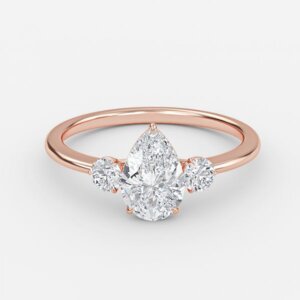 Jemima pear cut rose gold three stone ring, front view showing round brilliant lab-grown diamond side stones