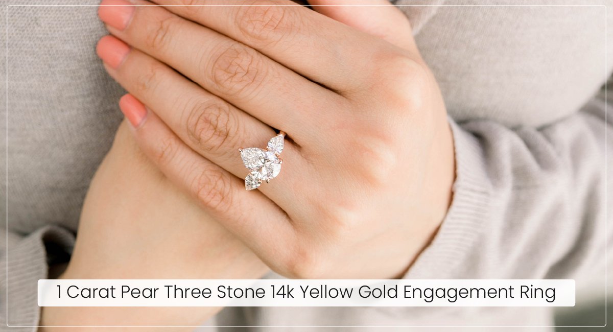 1 Carat Pear Three Stone 14k Yellow Gold Engagement Ring
