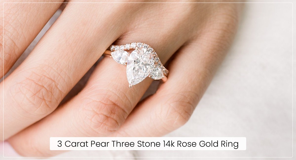3 Carat Pear Three Stone 14k Rose Gold Ring
