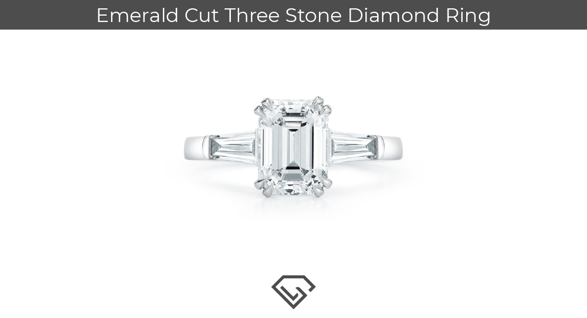 Three stone setting to emerald cut diamond