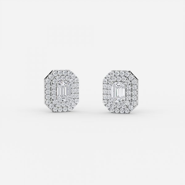 Emerald Cut Lab Grown Diamond Double Halo Stud Earrings