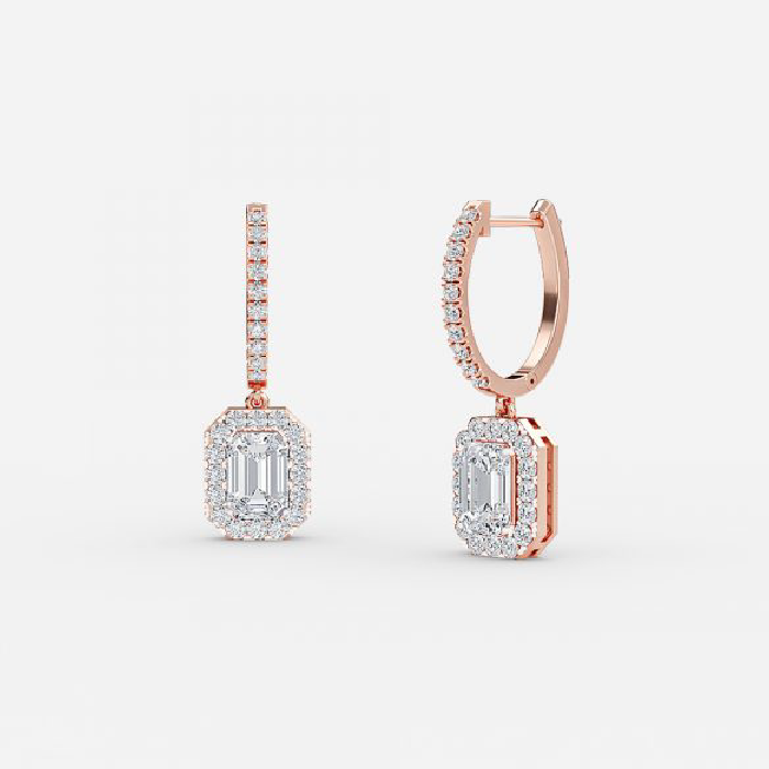 Emerald Cut Lab Grown Diamond Classic Halo Drop Earrings