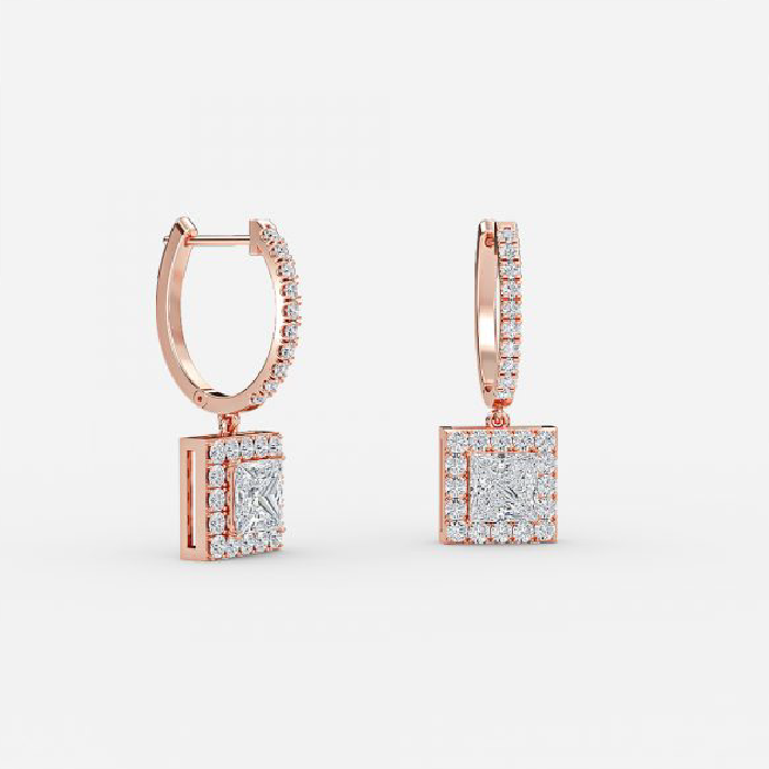 Princess Cut Lab Grown Diamond Classic Halo Drop Earrings