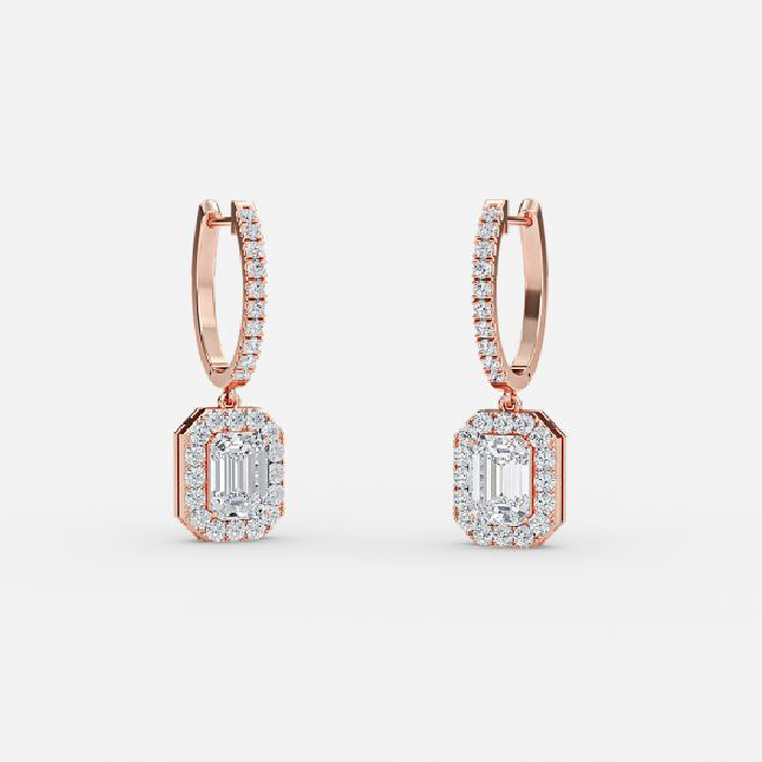 Emerald Cut Lab Grown Diamond Classic Halo Drop Earrings