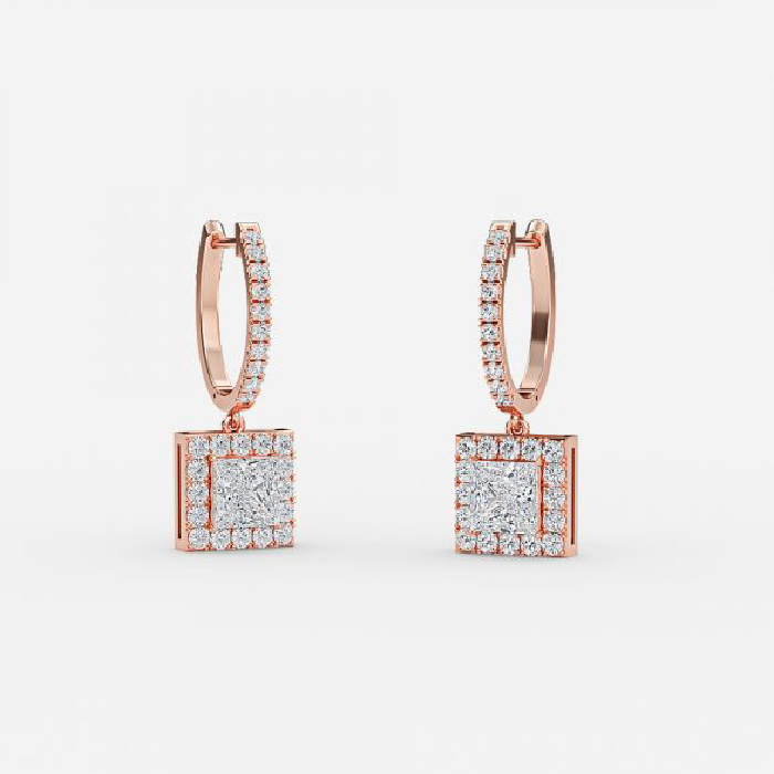 Princess Cut Lab Grown Diamond Classic Halo Drop Earrings