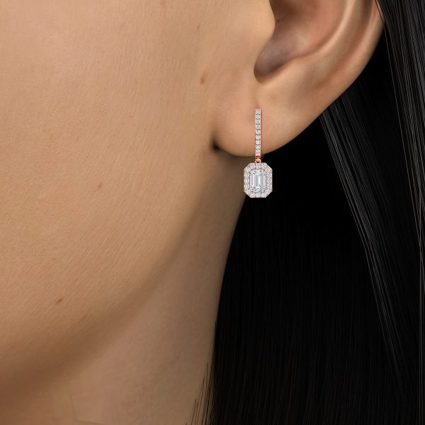 Emerald Cut Lab Grown Diamond Classic Halo Drop Earrings