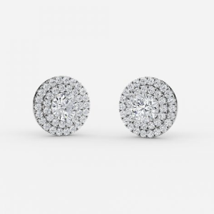 Round cut lab grown diamond double halo stud earring in 18K white gold