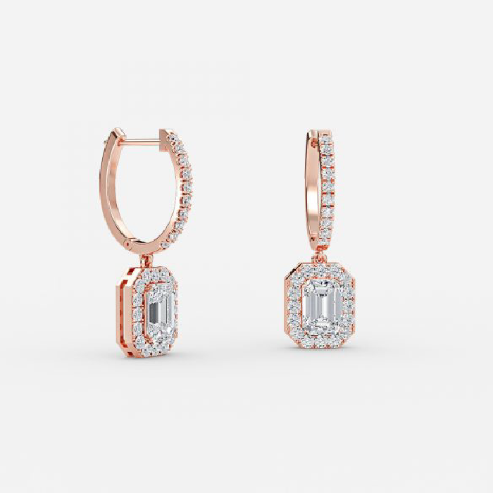 Emerald Cut Lab Grown Diamond Classic Halo Drop Earrings