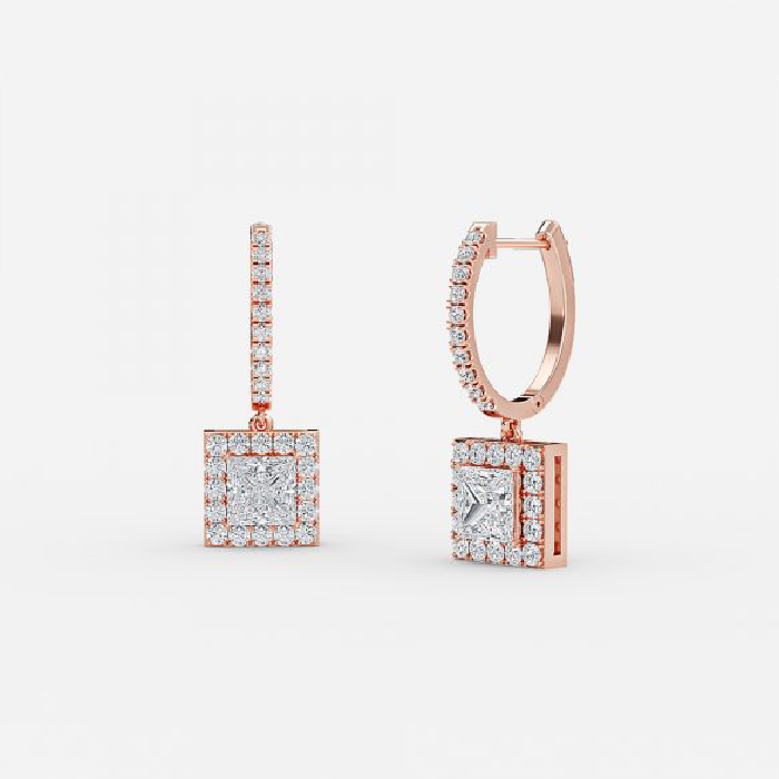 Princess Cut Lab Grown Diamond Classic Halo Drop Earrings