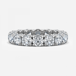 Round lab grown diamond large shared prong full eternity wedding band in white gold