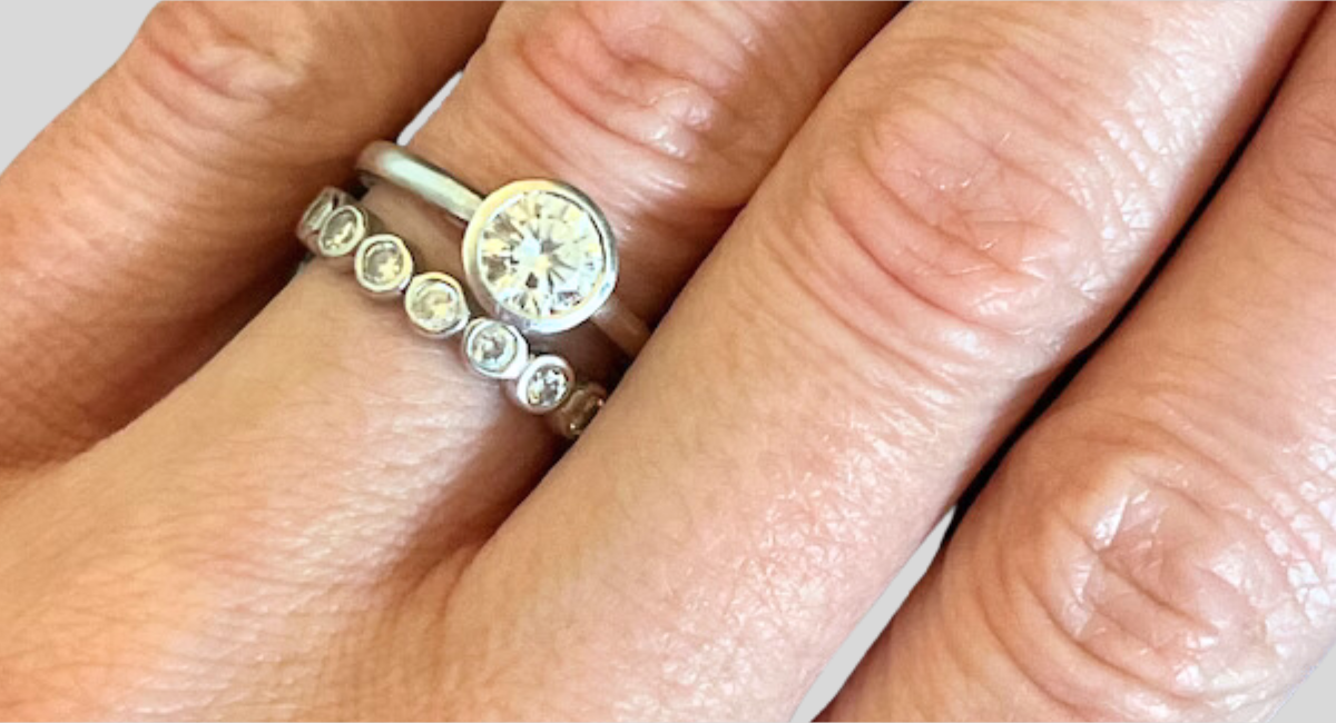bezel set engagement ring with wedding band