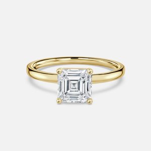 Celtic asscher cut yellow gold solitaire ring, front view showing 4-prong round ball setting and comfort-fit band