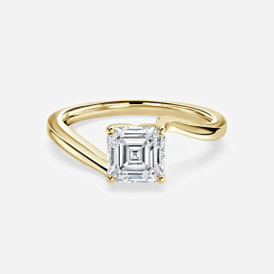 Antares asscher cut yellow gold bypass solitaire ring, front view showing 4-prong setting on flowing bypass shank