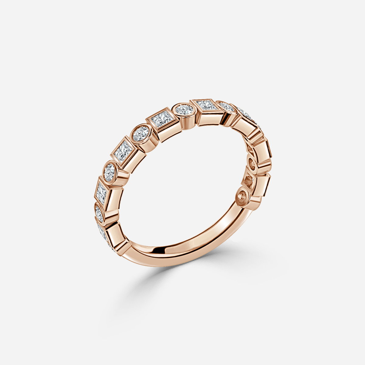 Round and Princess Cut Lab Grown Diamond Bezel Set Half Eternity Wedding Ring
