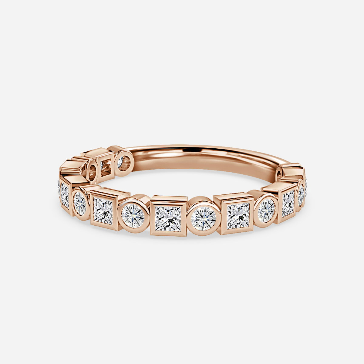 Round and Princess Cut Lab Grown Diamond Bezel Set Half Eternity Wedding Ring