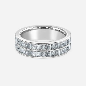 Baguette and round lab grown diamond double row eternity wedding band in white gold