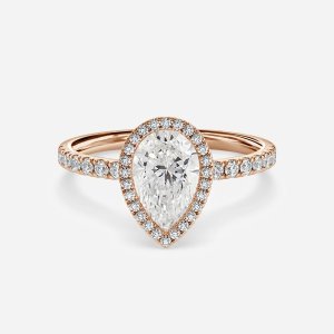 Nefta pear cut rose gold halo ring, front view showing pear-shaped pavé diamond halo around center stone