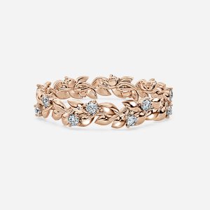 Classic round lab grown diamond floral leaf wedding ring in rose gold