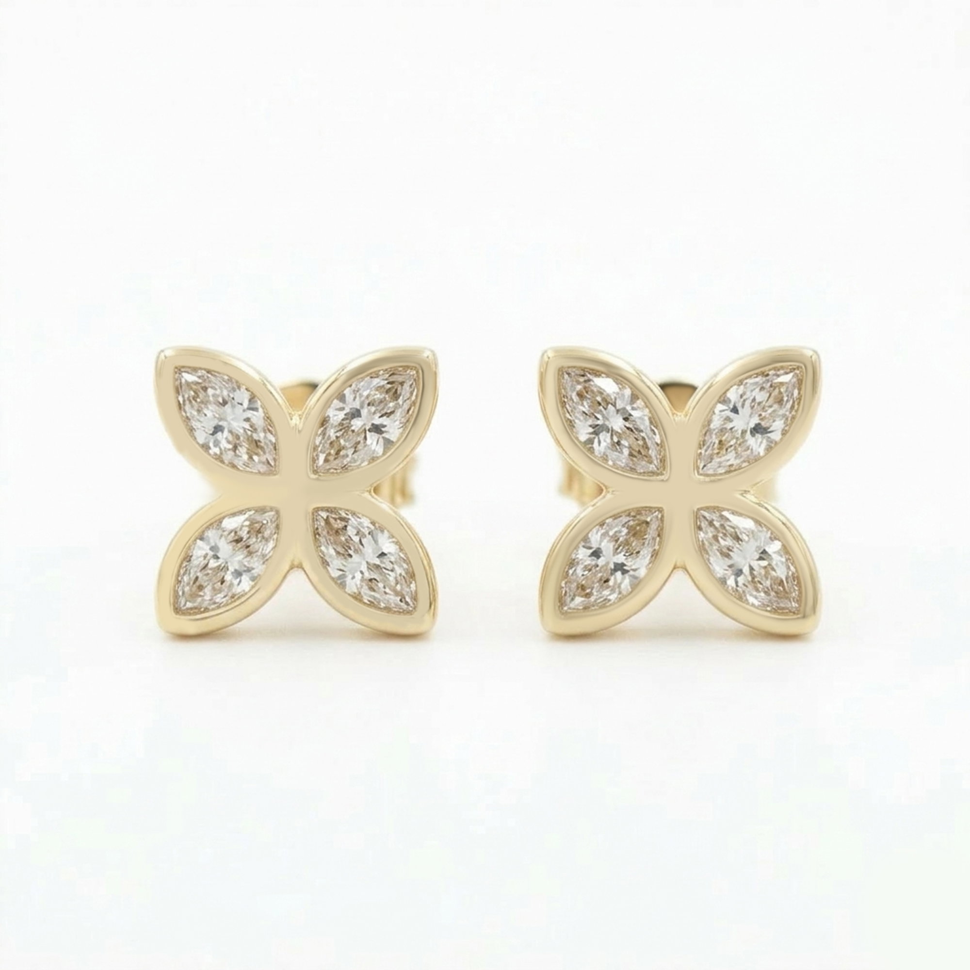 Marquise Diamond Flora Butterfly Bezel Earrings In 14K Yellow Gold