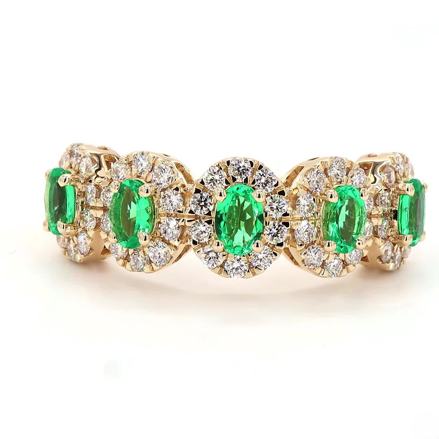 Green Oval Halo Half Eternity Ring In 14K Yellow Gold