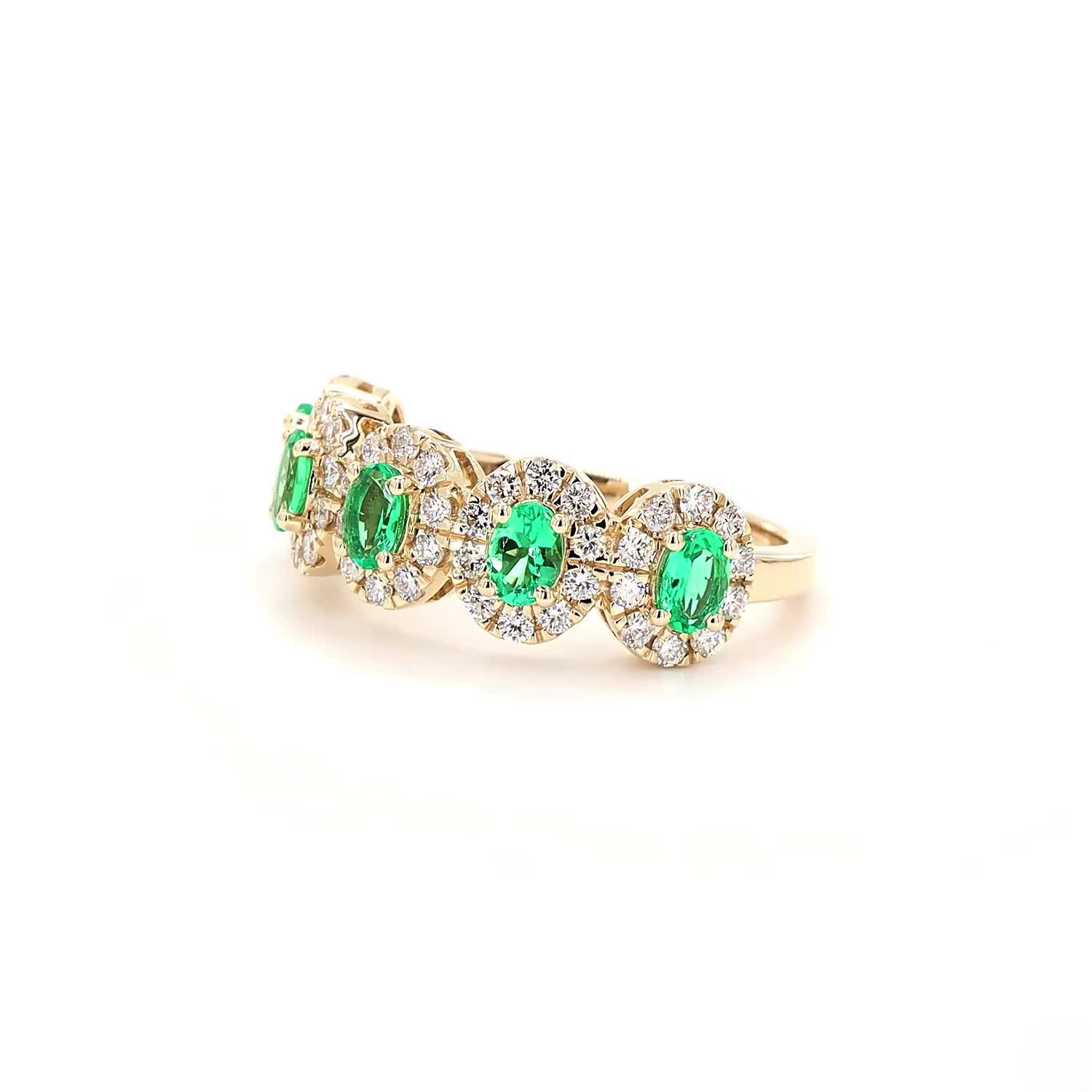 Green Oval Halo Half Eternity Ring In 14K Yellow Gold