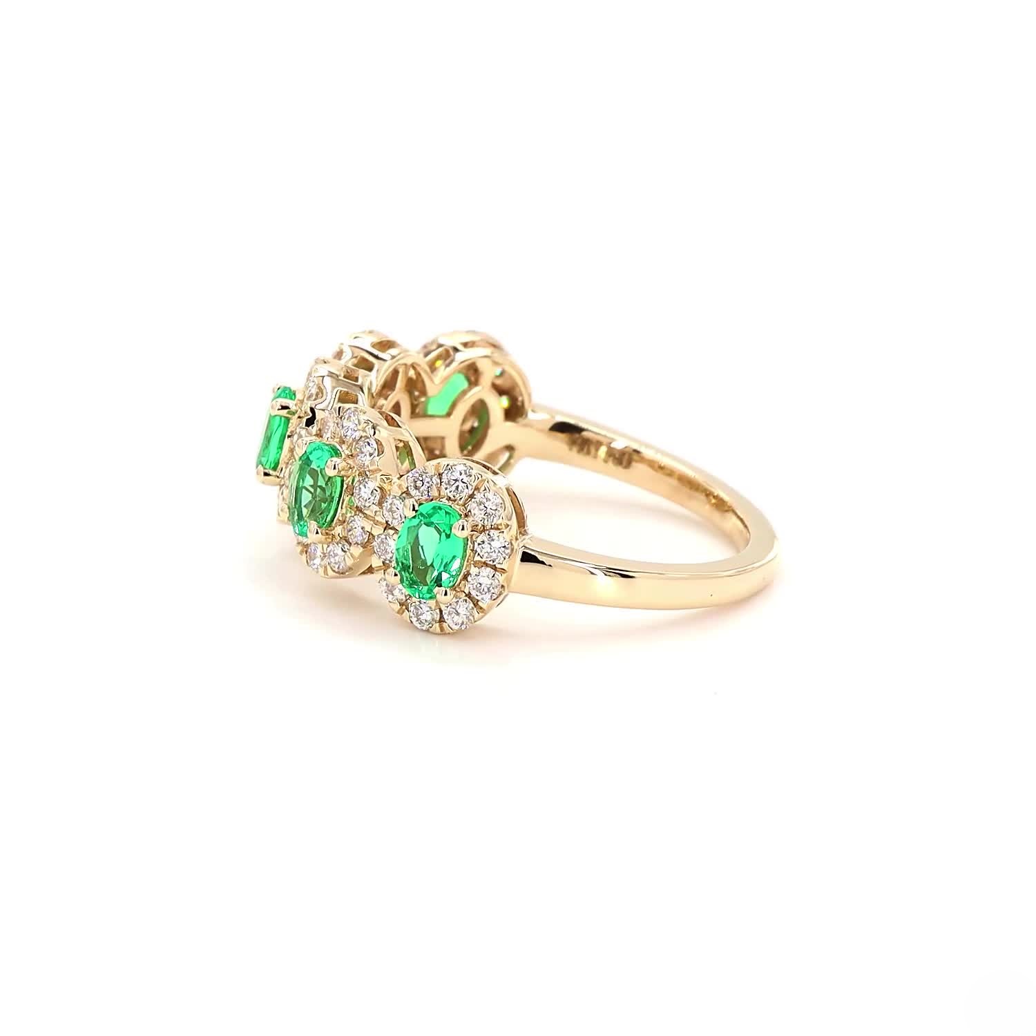 Green Oval Halo Half Eternity Ring In 14K Yellow Gold
