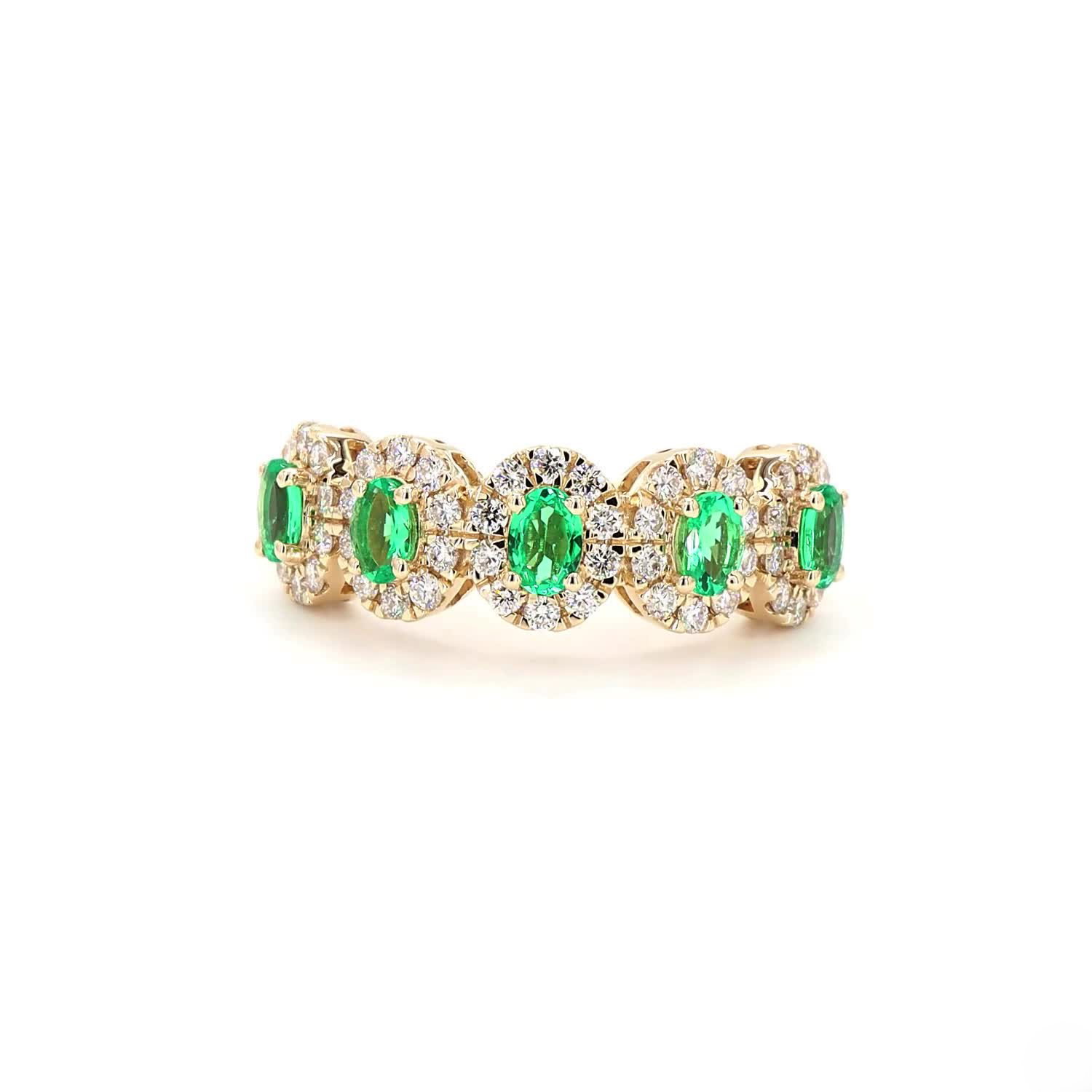 Green Oval Halo Half Eternity Ring In 14K Yellow Gold